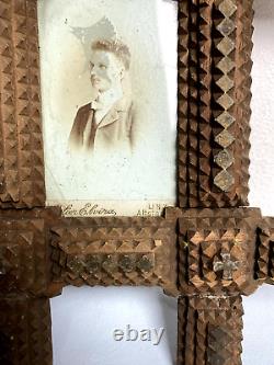 19th Antique Pair Carved Wood Tramp Art Photo Picture Portrait Wall Frame 10