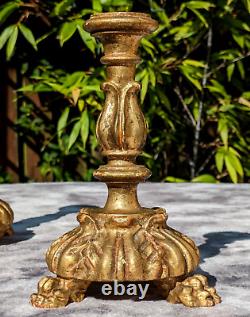 19th Century Pair French Carved Gilt Wood Claw Feet Antique Candlestick Holders
