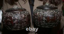 4Antique Old China Huanghuali Wood Carved Dynasty Texts lids Pot Jar Crock Pair