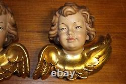 6.8 Pair Wood Hand Carved Wall Angel Putto Cherub Head Figure Sculpture Carving
