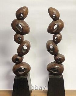 A Pair Of Rare Vintage Modernist Abstract Stacked Carved Wood Sculptures 19