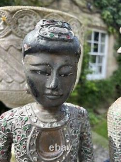 A Pair of Vintage Hand Carved Bejewelled Thai Musician Figures 40cm Tall
