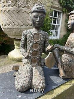 A Pair of Vintage Hand Carved Bejewelled Thai Musician Figures 40cm Tall
