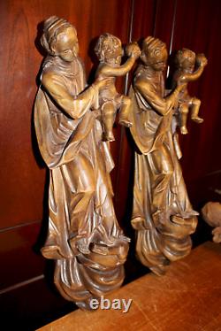 Antique 18 Pair Wood Carved Our Lady Mary Madonna Immaculate Jesus Wall Statue