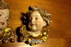 Antique 4.4 Pair Wood Hand Carved Angel Putto Cherbu Head Statue Wall Figure