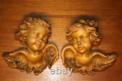 Antique 5.2 Pair Wood Hand Carved Angel Putto Cherbu Head Statue Wall Figure