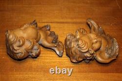 Antique 5.2 Pair Wood Hand Carved Angel Putto Cherbu Head Statue Wall Figure
