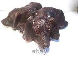 Antique Black Forest Swiss Wood Carved Opposite Pair Puppies Dog Glass Eyes