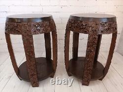 Antique Chinese Pair Barrel Seats Hardwood Stools Tables Jardiniere Oriental