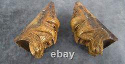 Antique French Carved Oak Wood Pair of Green man Head Trim Salvage Corbels