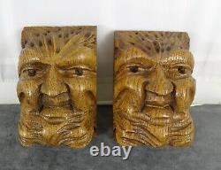 Antique French Carved Oak Wood Pair of Green man Head Trim Salvage Corbels