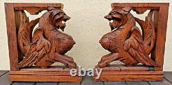 Antique PAIR French Pillars Wood Carved Gothic Griffin Dragon Lion Cabinet 19th