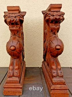 Antique PAIR French Pillars Wood Carved Gothic Griffin Dragon Lion Cabinet 19th