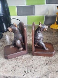 Antique PAIR black forest Bavarian wood carved bear bookends rare