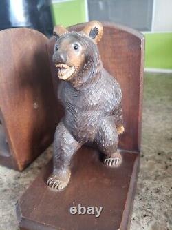 Antique PAIR black forest Bavarian wood carved bear bookends rare