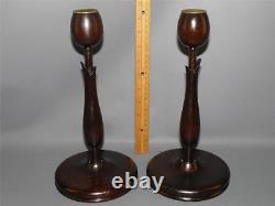 Antique Pair Art Nouveau Carved Wood Tulip Candlesticks Candle Holders