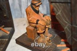 Antique Pair Black Forest Bookends Carved Wood Fireplace Figural Male Female Dog
