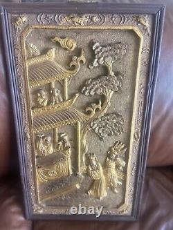 Antique Pair Chinese 3D Gold Gilt CHARACTERS ART Wood Carved Panels-Wax Stamp