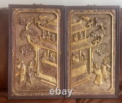 Antique Pair Chinese 3D Gold Gilt CHARACTERS ART Wood Carved Panels-Wax Stamp