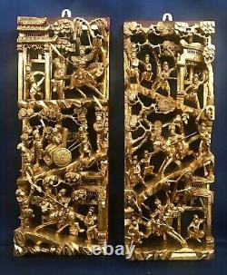 Antique Pair Chinese 3D Gold Gilt War-Field Scenery Wood Carved Panels
