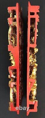 Antique Pair Chinese 3D Gold Gilt War-Field Scenery Wood Carved Panels