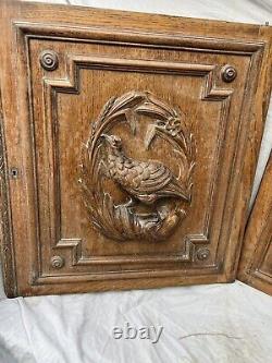 Antique Pair French Carved Oak Pheasant Furniture Panels 19th Century Project