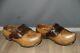Antique Pair Of Decorative Hand Carved Wooden & Leather Clogs