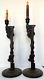 Antique Rare Pair Asian Intricate Hand Carved Painted Wood Candle Sticks 20