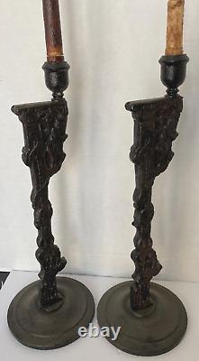 Antique Rare PAIR Asian Intricate Hand Carved Painted Wood Candle Sticks 20