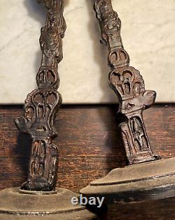 Antique Rare PAIR Asian Intricate Hand Carved Painted Wood Candle Sticks 20
