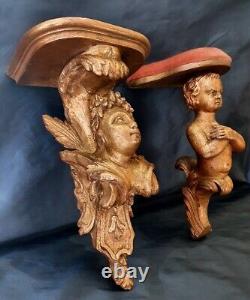 Antique Unique Pair Of Gilded Carved Wood Wall Consoles Femal & Putti Statue