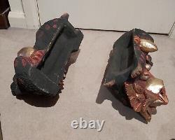 Antique large Chinese carved painted Wood Shishi Lions Foo Dogs-Pair L35 H24cm
