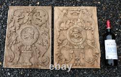 Antique pair 1800s wood carved wall panels portrait dragons birds rare