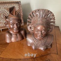 Antique pair of Indonesian carved Hard Wood Figures / Busts Male & Female