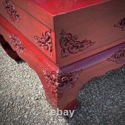 Attractive Pair Of Oriental Carved Cherry Wood Lamp / Side Tables