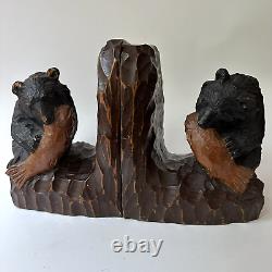 Bear Bookends Carved Wood Black Forest Style Salmon Fish Hunting Lodge Pair Vtg