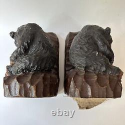 Bear Bookends Carved Wood Black Forest Style Salmon Fish Hunting Lodge Pair Vtg