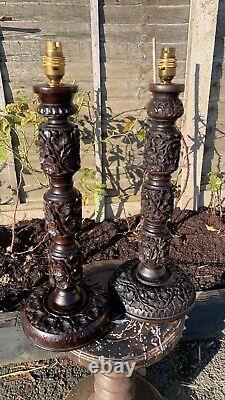 Beautiful Vintage Indian Pair Of Kashmiri Hand Carved Table Lamps (C1)
