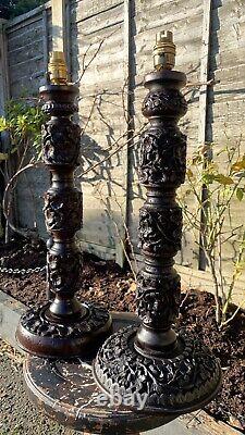 Beautiful Vintage Indian Pair Of Kashmiri Hand Carved Table Lamps (C1)