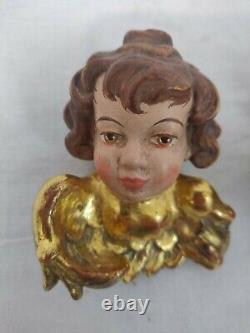 Carved, Painted Wood Angel/Cherub Head Pair Hanging Wall Art/Decor Antique