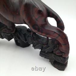 Carved Wood Tigers Pair Mixed Wood Hand Carved 12x10 Inch Fangs Exotic Vintage