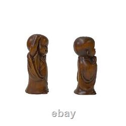 Chinese Pair Wood Carved Mini Kid Arhat Monk Lohon Figures ws3183