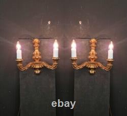 Decorative Pair of Large Vintage Italian Carved Wood 2 Arm Gilded Wall Lights