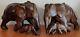 Delightful Matching Pair Of Hand Carved Walnut Wood Elephants With Babies