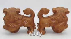 FOO DOGS PAIR HAND CARVED WOOD withFLOATING BALL IN MOUTH
