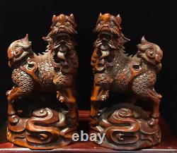 GY071 12 X 7 X 6 CM Boxwood Carving Figurine Statue Foo Dog Lion Pair