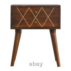 Geometric Bedside Table 2 Drawer Brass Inlay Bedroom Nightstand Storage Cabinet
