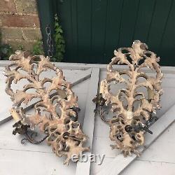 Gorgeous Vintage Pair Of Italian Wooden Carved Wall Lights AF Firenze