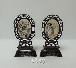 Great Pair 19th C. Antique Chinese Hand Carved Pen & Ink Miniature Table Screens