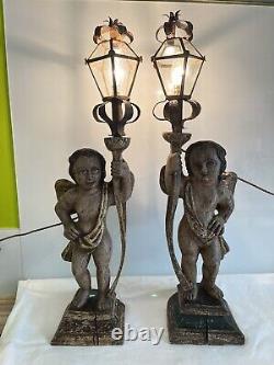 Great Pair Of Antique Venetian Polychrome Carved Wood Putti Table Lamps. Refurbd